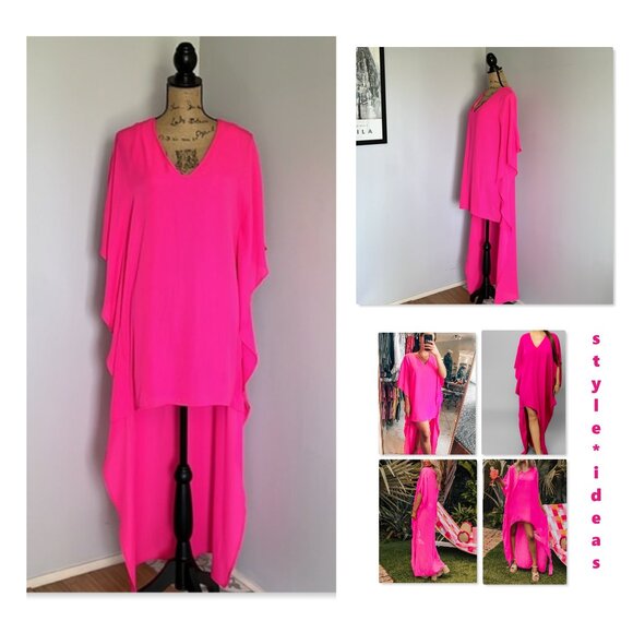 Adrienne Hot Fluorescent Pink High Low Dress Coverup Top Sz S - Picture 1 of 13